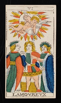 man flanked by two women on lower half of card; angelic figure framed by a depiction of the sun on top half of card aims an arrow downward toward the figures; Roman numeral VI printed on top border and LAMOUREUX on bottom; from a deck of 78 hand-colored triumph playing cards. Original from the Minneapolis Institute of Art.