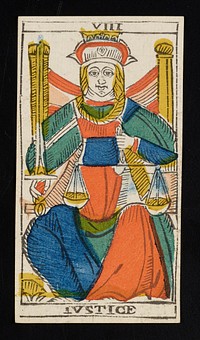 woman in headdress seated facing the viewer with scales in her left hand and a sword in her right; Roman numeral VIII printed on top border and JUSTICE printed on bottom; from a deck of 78 hand-colored triumph playing cards. Original from the Minneapolis Institute of Art.
