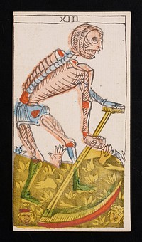 skeletal figure with harvesting tool in a field; two hands reach out from soil in the background and two disembodied heads appear in lower left and right corners; Roman numeral XIII printed on top border; from a deck of 78 hand-colored triumph playing cards. Original from the Minneapolis Institute of Art.