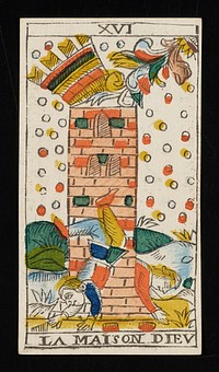 brick tower with a roof shaped like a crown being dislodged due to flames in the upper right corner; circular objects on the top and sides of the structure appear to be falling to the ground along with two figures that appear toward the bottom of the card; Roman numeral XVI printed on top border and LA MAISON DIEU printed on bottom; from a deck of 78 hand-colored triumph playing cards. Original from the Minneapolis Institute of Art.