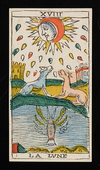 face in profile surrounded by crescent-shaped moon at top center of card; two towers and two dog-like creatures appear in the middle-ground; crayfish on bottom center of card; Roman numeral XVIII printed on top border and LA LUNE printed on bottom; from a deck of 78 hand-colored triumph playing cards. Original from the Minneapolis Institute of Art.