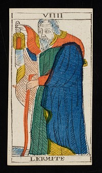 bearded man standing and holding a walking stick in his left hand and lantern in his right; Roman numeral VIIII printed on top border and LERMITE printed on bottom; from a deck of 78 hand-colored triumph playing cards. Original from the Minneapolis Institute of Art.