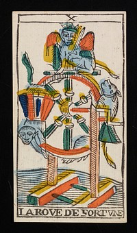 wheel with spokes on stand; sphinx-like creature in a crown holds a sword and sits on top of the wheel; two creatures with tails hang on to the wheel on either side; Roman numeral X printed on top border and LA ROUE DE FORTUNE printed on bottom; from a deck of 78 hand-colored triumph playing cards. Original from the Minneapolis Institute of Art.