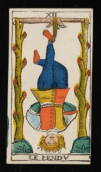 man hanging upside down with a rope tied around his ankle and suspended from a tree branch that is supported by two trees; Roman numeral XII printed on top border and LE PENDU printed on bottom; from a deck of 78 hand-colored triumph playing cards. Original from the Minneapolis Institute of Art.