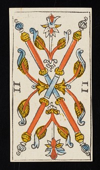 two batons with finials on their ends are crossed in the middle and flanked by floral-like designs; Roman numeral II printed on left and right sides of card; from a deck of 78 hand-colored triumph playing cards. Original from the Minneapolis Institute of Art.