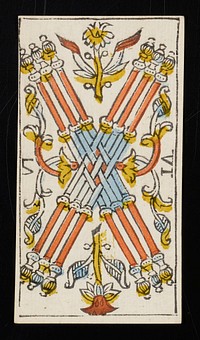 six batons with finials on their ends are interlaced in the middle and flanked by floral-like designs; Roman numeral VI printed on left and right sides of card; from a deck of 78 hand-colored triumph playing cards. Original from the Minneapolis Institute of Art.