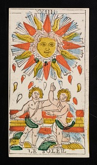 large depiction of sun with human face on top half of card; two partially clothed male figures on bottom half of card hold hands with their arms upraised between them; Roman numeral XVIIII printed on top border and LE SOLEIL printed on bottom; from a deck of 78 hand-colored triumph playing cards. Original from the Minneapolis Institute of Art.