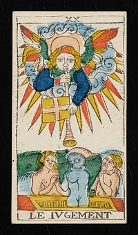 an angel blows a trumpet from which a flag with a cross hangs on the top two-thirds of the card; three figures appear on the bottom third with the middle figure's back turned away from the viewer; Roman numeral XX printed on top border and LE JUGEMENT printed on bottom; from a deck of 78 hand-colored triumph playing cards. Original from the Minneapolis Institute of Art.