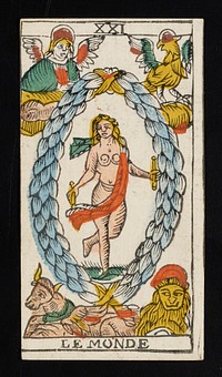 nude woman in the center of card with a baton in each hand surrounded by a large wreath; in each of the four corners, clockwise from upper left, there appears a female with wings, an eagle, a lion, and an ox; Roman numeral XXI printed on top border and LE MONDE printed on bottom; from a deck of 78 hand-colored triumph playing cards. Original from the Minneapolis Institute of Art.