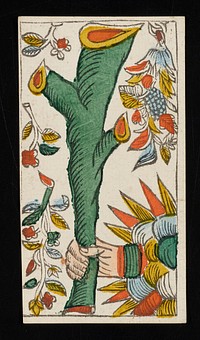 a large green club that looks like a tree branch is held by a hand in the lower right corner of the card; from a deck of 78 hand-colored triumph playing cards. Original from the Minneapolis Institute of Art.