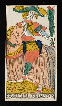 man with large hat on horseback holds a green club in his left hand; CAVALLIER DE BASTON printed on bottom border; from a deck of 78 hand-colored triumph playing cards. Original from the Minneapolis Institute of Art.