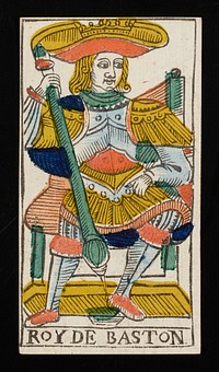 seated man in a crown surrounded by a large elliptical brim holds a large green club that points downward in his raised right hand; ROY DE BASTON printed on bottom border; from a deck of 78 hand-colored triumph playing cards. Original from the Minneapolis Institute of Art.