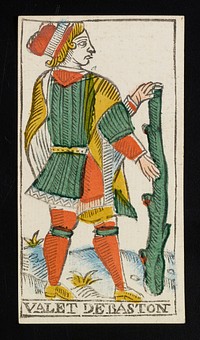 man with his back to the viewer and face turned toward righthand side of the card has both hands placed on a large green tree branch that balances on the ground; VALET DE BASTON printed on bottom border; from a deck of 78 hand-colored triumph playing cards. Original from the Minneapolis Institute of Art.