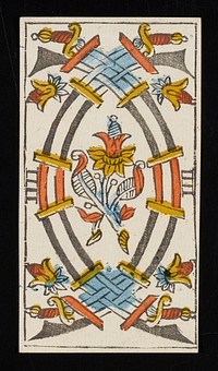 four curved swords interlaced at the top and bottom with a floral-like design situated between them; Roman numeral IIII printed on left and right sides of card; from a deck of 78 hand-colored triumph playing cards. Original from the Minneapolis Institute of Art.