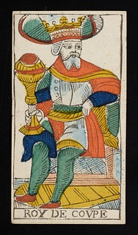 seated man with a beard and a crown holding a chalice in his right hand; ROY DE COUPE printed on bottom border; from a deck of 78 hand-colored triumph playing cards. Original from the Minneapolis Institute of Art.