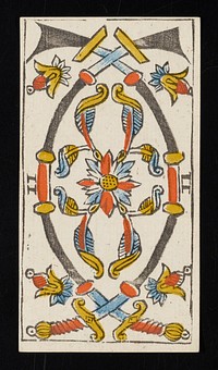 two curved swords crossed at the top and bottom with a floral-like design situated between them; Roman numeral II printed on left and right sides of card; from a deck of 78 hand-colored triumph playing cards. Original from the Minneapolis Institute of Art.