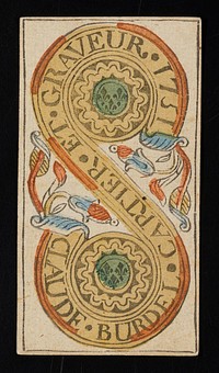 one coin on the top of the card and one on the bottom are surrounded by an S-shaped design with the text CLAUDE BURDEL CARTIER ET GRAVEUR 1751; from a deck of 78 hand-colored triumph playing cards. Original from the Minneapolis Institute of Art.