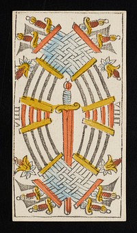 eight curved swords interlaced at the top and bottom and one straight sword situated between them; Roman numeral VIIII printed on left and right sides of card; from a deck of 78 hand-colored triumph playing cards. Original from the Minneapolis Institute of Art.