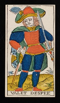 man with a large hat with a feather holds an upright sword in his left hand and a walking stick in his right; VALET DESPEE printed on bottom border; from a deck of 78 hand-colored triumph playing cards. Original from the Minneapolis Institute of Art.