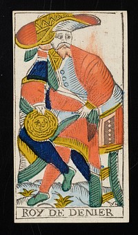 seated man in mustache and beard and large headdress holds a coin with his right hand that is resting on his lap; ROY DE DENIER printed on bottom of card; from a deck of 78 hand-colored triumph playing cards. Original from the Minneapolis Institute of Art.