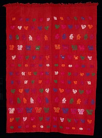 two paneled red cotton tzute; woven on a back strap loom with zoomorphic brocaded figures in white, yellow, green, blue and magenta; one end of the tzute is finished with 1.5" of macramé work fringes. Original from the Minneapolis Institute of Art.