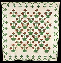 pieced blocks with design of three brown flowers in a green two-handled container; green scallop and leaf border; cream and white background. Original from the Minneapolis Institute of Art.