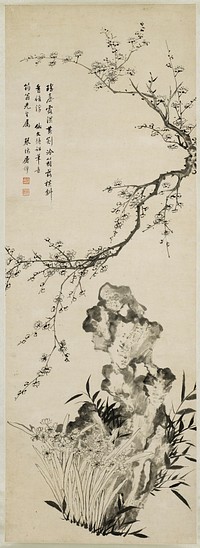 branch with blossoms extending toward left from right edge at top; irregularly-shaped rock in LRC with flowers in front. Original from the Minneapolis Institute of Art.