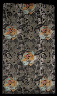 jacquard woven; gold on black with sections in orange, turquoise and purple; repeating abstract flower and leaf pattern. Original from the Minneapolis Institute of Art.