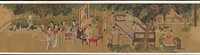 from right to left: figure with attendants in a garden near a pool with ducks; figures in an interior writing, reading and playing games; men picnicking, listening to female musicians; second building where two men listen to a third man playing a stringed instrument; brightly colored. Original from the Minneapolis Institute of Art.