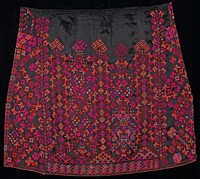 black shiny synthetic satin covered on front and sides with stitched multicolored embroidery. Original from the Minneapolis Institute of Art.