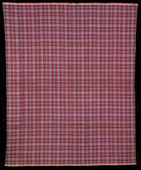 small plaid pattern in burgundy with blue and cream; selvedges top and bottom. Original from the Minneapolis Institute of Art.