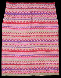 wavy horizontal designs in repetitive rows of purple, pink, Chinese red and green; 1/2" remnant of black cotton waistband; thick silk; 6 darts at waistband; center back strip has pink and cream vertical stripes. Original from the Minneapolis Institute of Art.