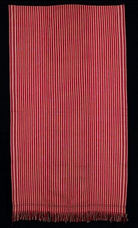 red striped with narrow tan stripes; 2-1/4" fringe; small square patterned horizontal strip near fringed end. Original from the Minneapolis Institute of Art.