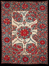 Newly lined.Red and dark blue silk on tan cotton ground. Large center motifs surrounded by wide embroidered border, the a narrow one. Six ground panels. Newer tan lining. Two adjacent velcro heading bands, lining attached all four sides. Original from the Minneapolis Institute of Art.