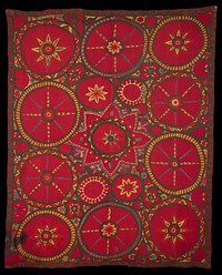 Newly lined. Red. Circle motifs. Large circles surround smaller ones. Green leaf border. All on red embroidered ground. Six vertical panels embroidered, then joined. Newer tan lining.. Original from the Minneapolis Institute of Art.