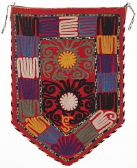 Cloth band, Bag back: cotton with printed lining, Red cotton flannel ground with polychrome silk embroidery. The black and white edge binding is formed from silk threads arranged in a herringbone pattern. The back of the bag is cotton flannel, and the inside lining is printed cotton fabric. Center five-sided shield with wide border on all five sides. Ties at upper corners, Chain stitch, embroidered through backing.. Original from the Minneapolis Institute of Art.