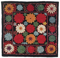 Black wool ground with polychrome silk embroidery through a substrate of pieced printed and striped cotton. The edges are unfinished and there is no backing. Center square with wide borders. All embroidered. Chain stitch.. Original from the Minneapolis Institute of Art.