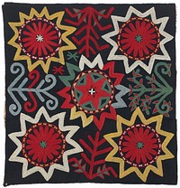 Black wool pieced ground with polychrome silk embroidery through a printed cotton substrate. There is no binding, edge finishing, or backing. Red basting stitch along one edge for 12".. Original from the Minneapolis Institute of Art.