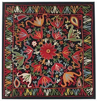 Black wool ground with polychrome silk embroidery. The edges are unfinished, and have been trimmed since the existing photo was taken. The embroidery is presently hand stitched to a fabric covered mount; the verso is not visible. Center square with wide embroidered border that is interrupted to accommodate. Stitched to white flannel and cotton black fabric covered strainer. Chain stitch.. Original from the Minneapolis Institute of Art.