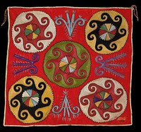 Printed cloth band. Red wool ground with polychrome silk embroidery and printed cotton twill binding. The gringe has been removed since photography by donor. The embroidery is worked through a substrate of printed cotton fabric. There is no backing.. Original from the Minneapolis Institute of Art.