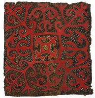 Wool-felt ground cloth. Thick natural brown wool felt with red wool embroidery. There is no backing or edge finish; the edges are overcast with cotton thread. Handmade felt?. Original from the Minneapolis Institute of Art.