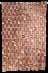 twenty-two strips sewn together; ground fabric is dark blue, green, white and red striped; woven with multicolored stripes and geometric shapes; assembled to resemble checkerboard patterning. Original from the Minneapolis Institute of Art.