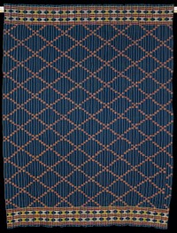 twenty-four strips sewn together; ground fabric is blue with white stripes; overall stepped diamond design in red and yellow; red, yellow and white geometric borders. Original from the Minneapolis Institute of Art.