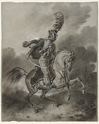 soldier wearing an elaborate uniform and carrying a curved sword, riding a prancing horse; stormy skies. Original from the Minneapolis Institute of Art.