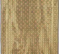 dark olive with floral and geometric metallic gold brocade in overall pattern; borders in same design; orange highlights in flowers; hem facing on bottom edge. Original from the Minneapolis Institute of Art.