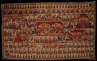 block printed and painted; rows of figures in various scenes painted in red, blue and yellow, with brown decorative border; yellow backing. Original from the Minneapolis Institute of Art.