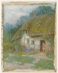 two children (larger child holding smaller) in the open doorway of a small cottage with thatch roof; birds on roof; two kittens on stone steps; flower garden to left of door. Original from the Minneapolis Institute of Art.