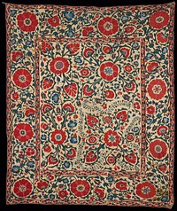 five tan cotton ground embroidered panels sewn together; on center, rectangle with borders on all four sides; motifs embroidered with red, pink, green, blue, yellow and orange silk are large and small flowers and foliage. Original from the Minneapolis Institute of Art.