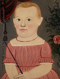 primitive portrait of a little girl with blue eyes and short blonde hair, wearing a pink dress with white trim and a blue and red necklace; girl holds a switch (?); roses at right; swag in ULC; grey ground. Original from the Minneapolis Institute of Art.