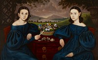 two seated women in foreground looking forward; both have dark brown hair parted at the center and ringlets; both are wearing matching blue dresses; bowl of shells at center; body of water with sailboats and hills in the background. Original from the Minneapolis Institute of Art.